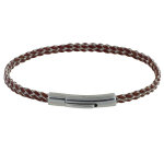 Les poulettes bijoux - bracelet mixte cuir et acier tr�ss� plat - marron fonc�