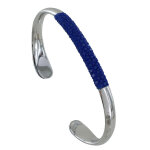 Bracelet mixte demi jonc laiton rhodi et cuir - azur