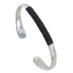 Les poulettes bijoux - bracelet mixte demi jonc laiton rhodi� et cuir - noir