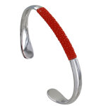 Bracelet mixte demi jonc laiton rhodi et cuir - orange