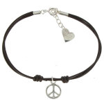 Les poulettes bijoux - bracelet peace and love argent 925 lien cuir marron fonc�