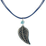 Collier cordon en cuir feuilles de cuir et argent 925 pépites de larimar - bleu navy Collier cordon en cuir feuilles de cuir et argent 925 pépites de larimar - bleu navy