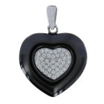 Les poulettes bijoux - pendentif argent rhodi� deux coeurs c�ramique et strass - cla