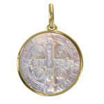 Pendentif plaqué or et nacre médaille ronde croix de saint benoit Pendentif plaqué or et nacre médaille ronde croix de saint benoit