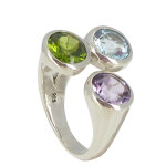 Les poulettes bijoux - bague argent am�thyste, topaze, p�ridot ronds - taille 54