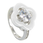 Les poulettes bijoux - bague argent fleur c�ramique blanche et strass rond - taille