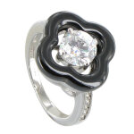 Les poulettes bijoux - bague argent fleur c�ramique noir et strass rond - taille 50