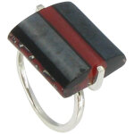 Les poulettes bijoux - bague argent rayures verre rectangle noire bicolore - classic