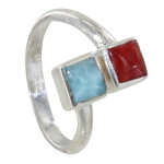 Les poulettes bijoux - bague argent toi et moi larimar et corail rouge - taille 54