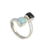 Les poulettes bijoux - bague argent toi et moi larimar et corne noir - taille 52