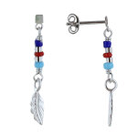 Les poulettes bijoux - boucles d'oreilles argent rhodi� petite plume et perles bleu
