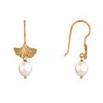 Les poulettes bijoux boucles d'oreilles plaqu� or feuille de ginkgo et perle blanche