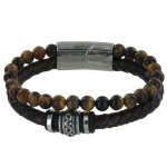 Les poulettes bijoux - bracelet acier homme cuir marron fonc� et perles oeil de tigr