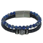 Les poulettes bijoux - bracelet acier homme cuir noir et perles de jaspe bleu - tail