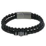 Les poulettes bijoux - bracelet acier homme cuir noir et perles d'onyx noir
