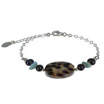 Les poulettes bijoux - bracelet chaine argent disque nacre tigr�e et p�pites de lari