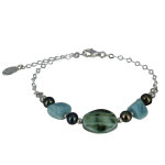 Les poulettes bijoux - bracelet chaine argent disque nacre verte et p�pites de larim