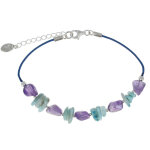 Les poulettes bijoux - bracelet cordon en cuir bleu p�pites d'am�thyste et de larimar