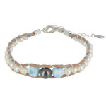 Les poulettes bijoux - bracelet cuir naturel 1 perle de tahiti, 2 perles de larimar