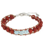 Les poulettes bijoux - bracelet cuir naturel 3 perles de larimar et perles corail ro