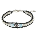 Les poulettes bijoux - bracelet cuir noir 1 perle de tahiti, 2 perles de larimar et