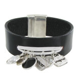 Les poulettes bijoux - bracelet cuir noir cristal multi breloques et coton - classic