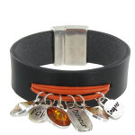 Les poulettes bijoux bracelet cuir noir cristal multi breloques et coton - colors -