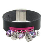 Les poulettes bijoux - bracelet cuir noir cristal multi breloques et coton - colors