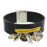 Les poulettes bijoux - bracelet cuir noir cristal multi breloques et coton - colors