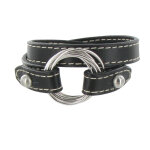 Les poulettes bijoux - bracelet double tour cuir et 6 anneaux argent 925