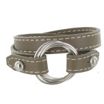 Les poulettes bijoux - bracelet double tour cuir et 6 anneaux argent 925 - beige