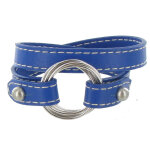 Les poulettes bijoux - bracelet double tour cuir et 6 anneaux argent 925 - bleu