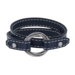 Les poulettes bijoux - bracelet double tour cuir et 6 anneaux argent 925 - bleu navy