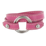 Les poulettes bijoux - bracelet double tour cuir et 6 anneaux argent 925 - fuchsia