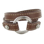 Les poulettes bijoux - bracelet double tour cuir et 6 anneaux argent 925 - marron fo