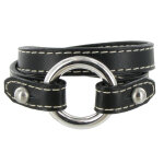 Les poulettes bijoux - bracelet double tour cuir et anneau argent 925 - cuir noir