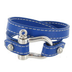 Les poulettes bijoux bracelet double tour cuir et manille argent 925 - bleu