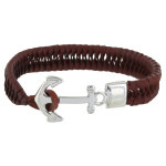 Les poulettes bijoux - bracelet homme ancre argent et cuir marron fonc� tr�ss� plat
