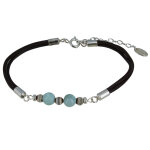 Les poulettes bijoux - bracelet lien cuir marron fonc� perles d'agate et de larimar