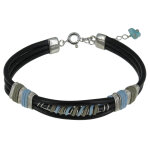 Les poulettes bijoux - bracelet lien cuir noir coton bleu ciel et beige