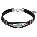 Les poulettes bijoux - bracelet lien cuir noir coton rouge et perle de larimar