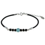 Les poulettes bijoux - bracelet lien cuir noir cylindre d'agate noire et perle de la