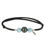 Les poulettes bijoux - bracelet lien noir 1 perle de tahiti et 2 perles de larimar