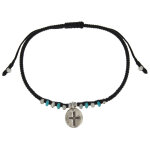 Les poulettes bijoux - bracelet m�daille croix argent et perles turquoise lien noir
