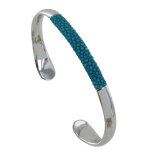 Les poulettes bijoux - bracelet mixte demi jonc laiton rhodi� et cuir - turquoise