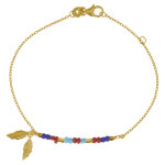 Les poulettes bijoux - bracelet plaqu� or petite plume et perles bleu rouge turquoise