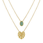 Les poulettes bijoux - collier double chaine plaqu� or feuille et ovale d'aventurine