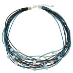 Les poulettes bijoux - collier multi liens cuir marron et bleu et perles de larimar