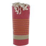 Les poulettes bijoux - fouta drap plage et hammam coton rouge grande rayure beige et