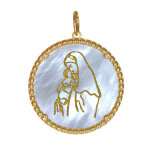 Les poulettes bijoux - pendentif plaqu� or m�daille ronde en nacre vierge � l'enfant